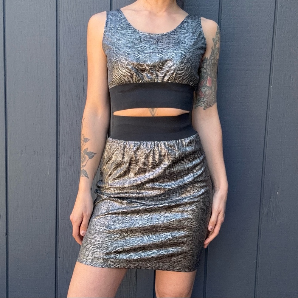 Vintage 80s Metallic Silver Skirt and cropped tank set Sz s
